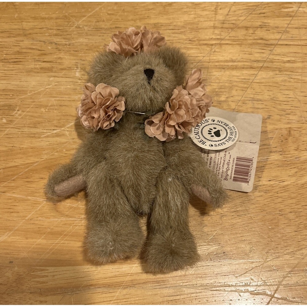 Vtg Boyds Bears Mini Gen-yoo-wine 7" Jointed Brown Bear Pink Flowers 99876V